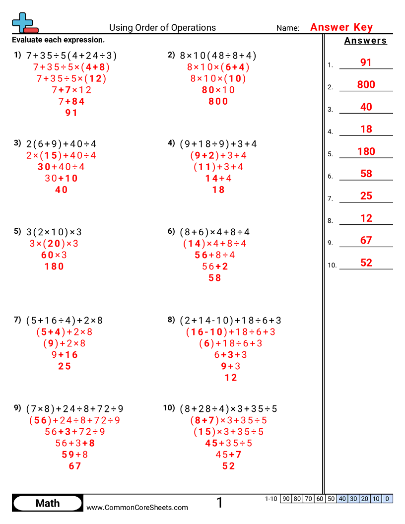 Order of Operations Worksheets - using-order-of-operations-no-negatives worksheet