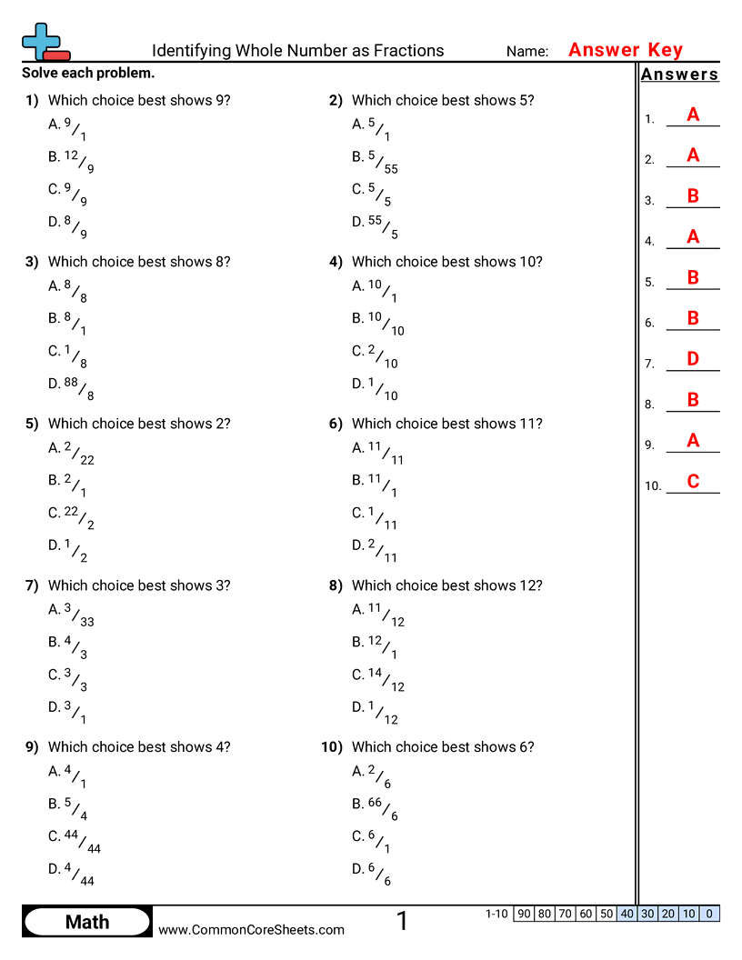 3nf3c Worksheets - identifying-whole-number-as-fractions worksheet