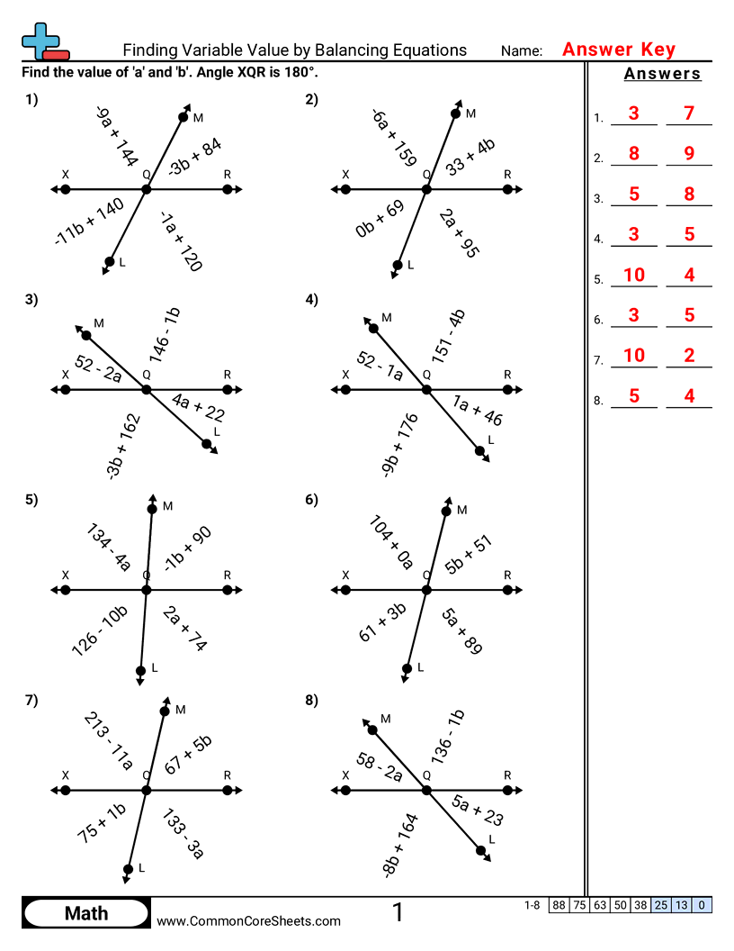 Angles Worksheets - finding-variable-value-by-balancing-equations worksheet