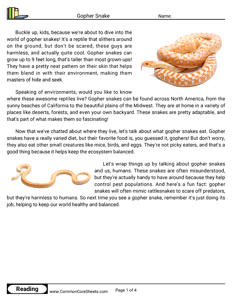 Reading Comprehension Insects And Spiders Worksheets - gopher-snake worksheet