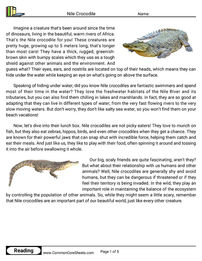 Reading Comprehension Insects And Spiders Worksheets - nile-crocodile worksheet