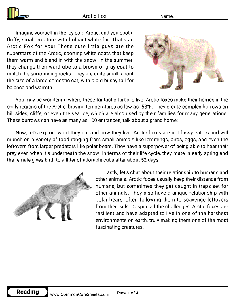 Reading Comprehension Mammals - arctic-fox worksheet
