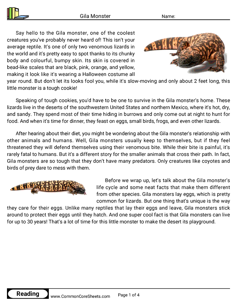 Reading Comprehension Insects And Spiders Worksheets - gila-monster worksheet