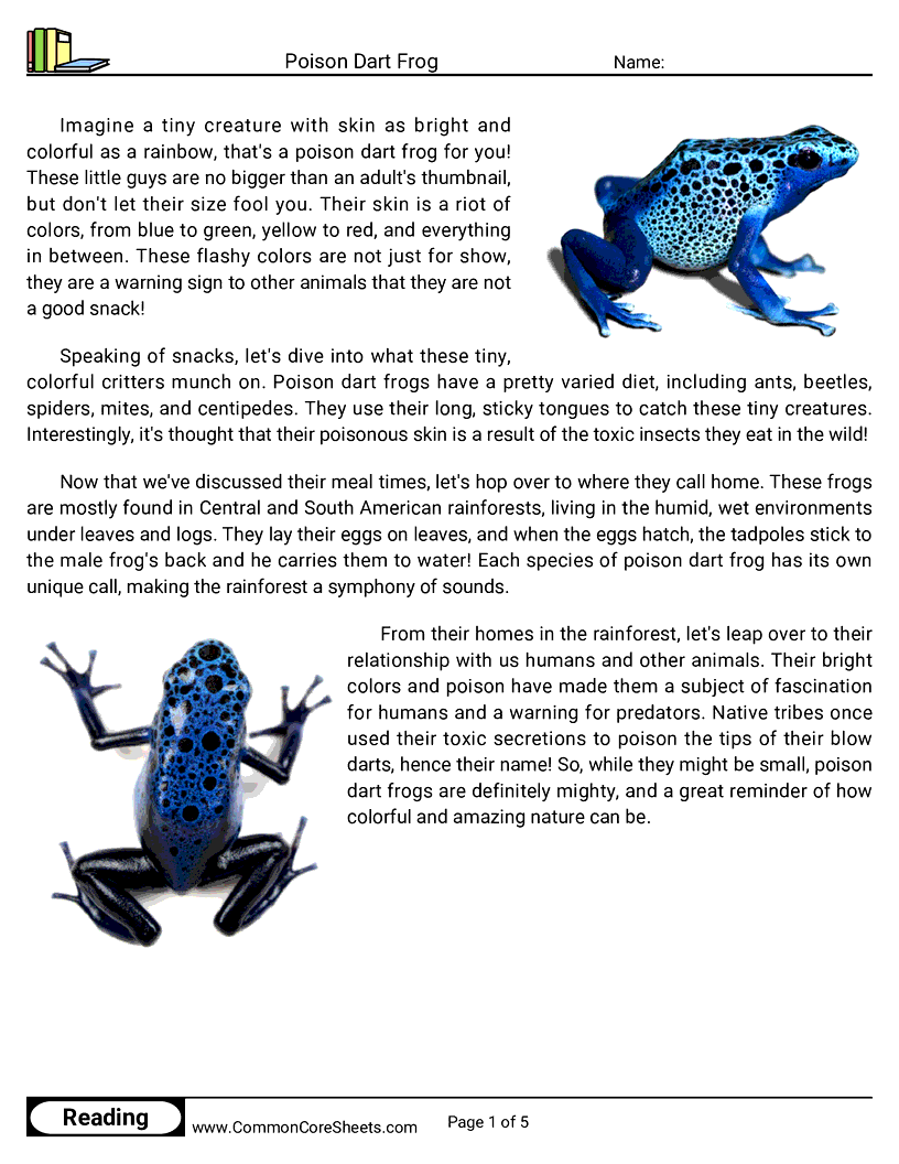 Reading Comprehension Insects And Spiders Worksheets - poison-dart-frog worksheet