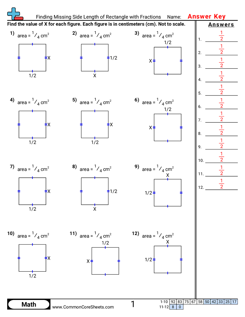 Area & Perimeter Worksheets - finding-missing-side-length-of-rectangle-with-fractions worksheet