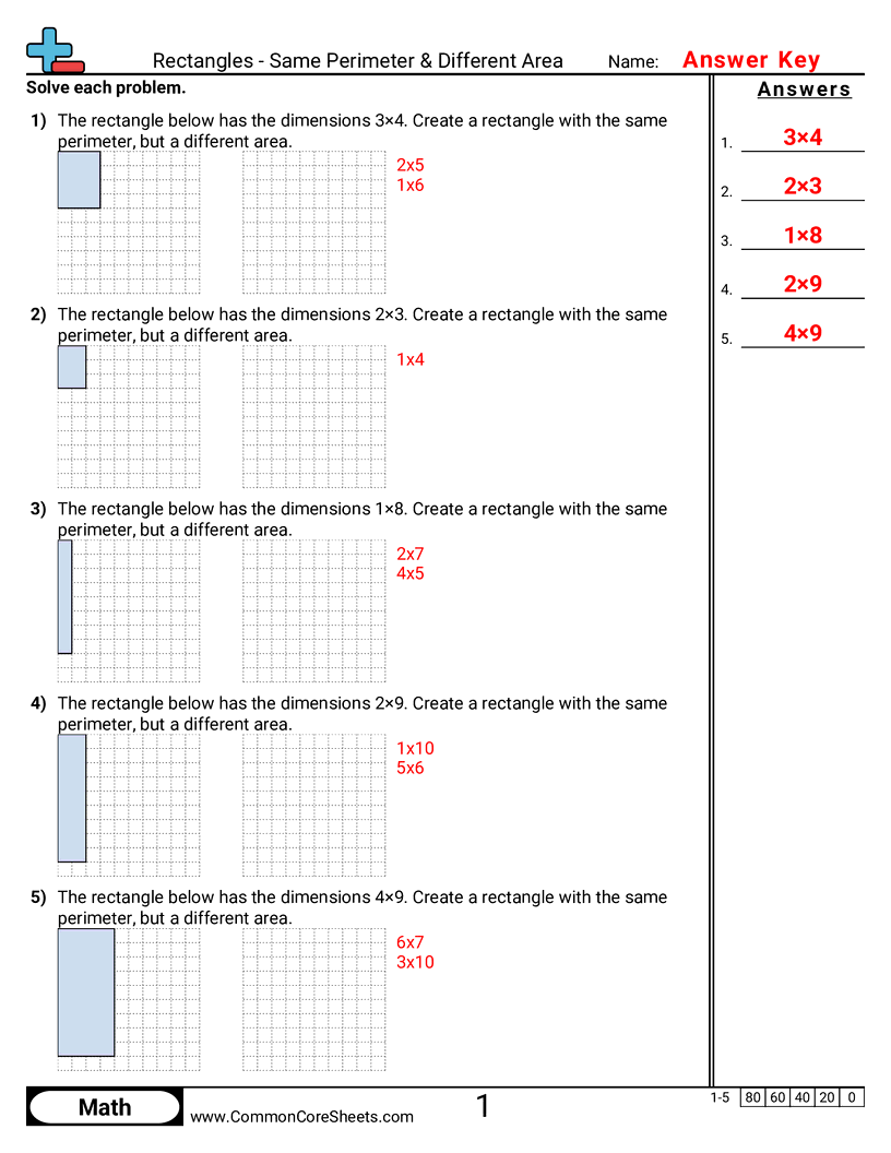 Area & Perimeter Worksheets - rectangles-same-perimeter-different-area worksheet