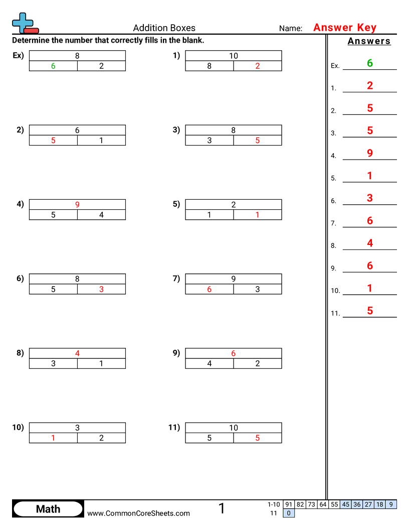 Addition Worksheets - addition-boxes-to-ten worksheet