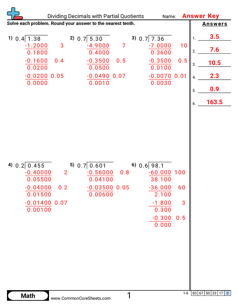 Decimal Worksheets - dividing-decimals-with-partial-quotients worksheet