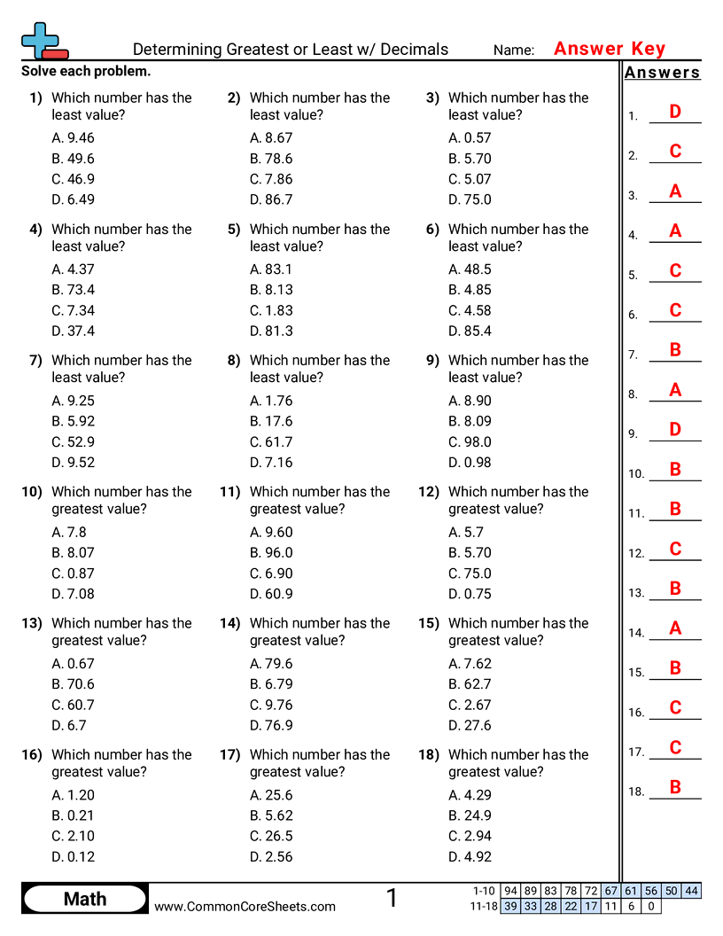 Decimal Worksheets - determining-greater-or-less-value worksheet
