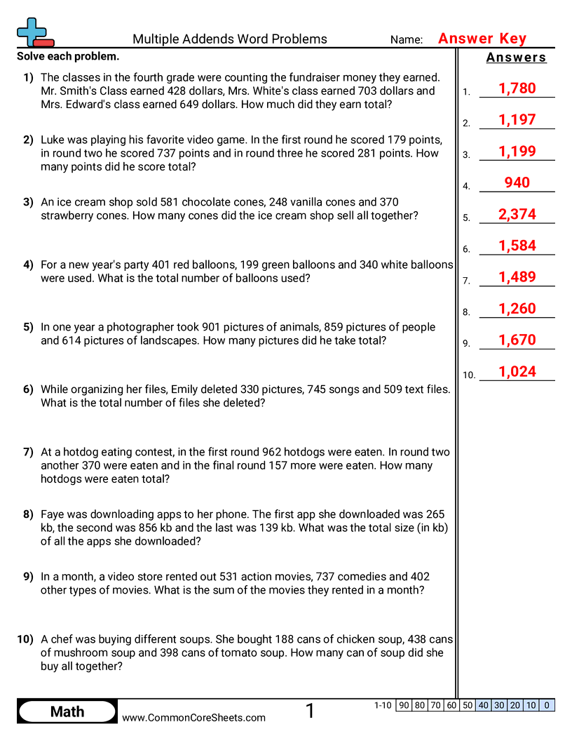 Addition Worksheets - multiple-addends-3-digits-word worksheet