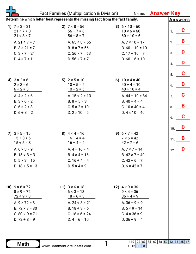 Fact Family Worksheets - find-missing-fact-multiple-choice worksheet