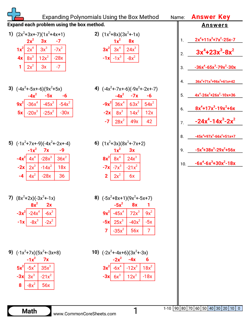 Algebra Worksheets - expanding-polynomials-using-the-box-method worksheet