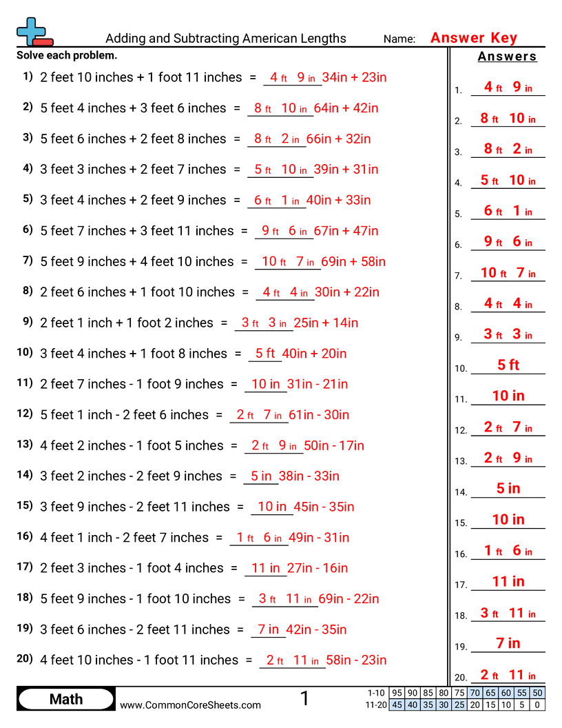 Measurement Worksheets - adding-and-subtracting-american-lengths worksheet
