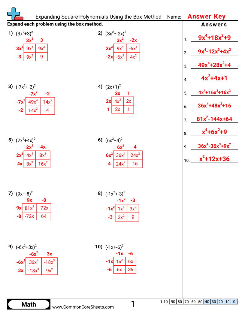 Algebra Worksheets - expanding-square-polynomials-using-the-box-method worksheet