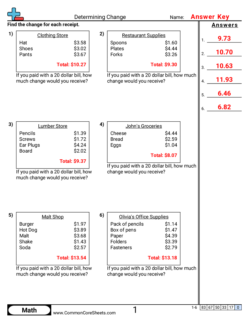 4md2 Worksheets - receipt-change worksheet