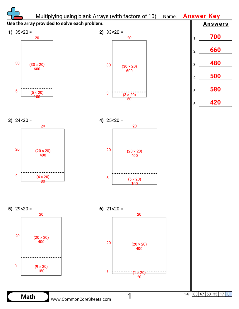 Multiplication Worksheets - multiplying-using-arrays-with-factors-of-10 worksheet