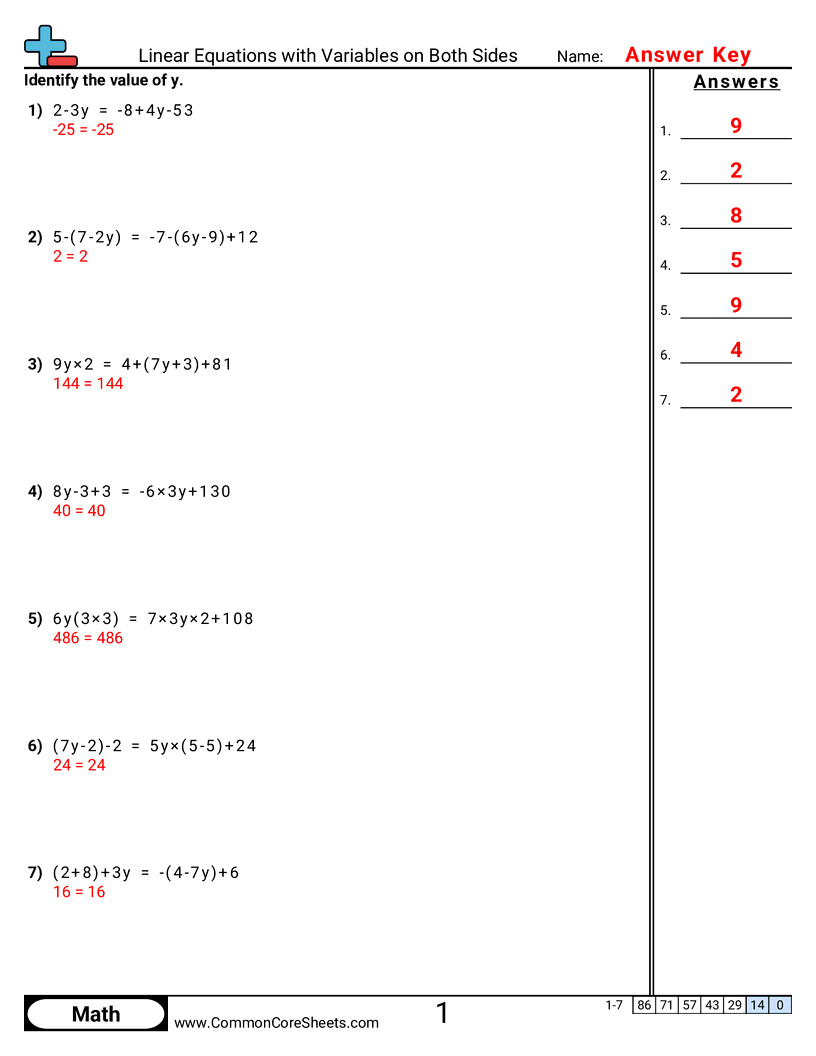 Algebra Worksheets - linear-equations-with-variables-on-both-sides worksheet