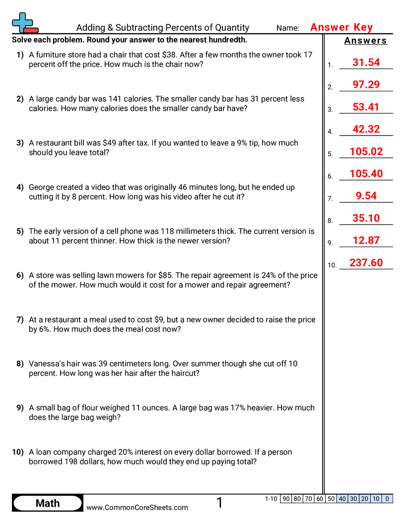 Percent Worksheets - adding-and-subtracting-percents-of-a-quantity worksheet
