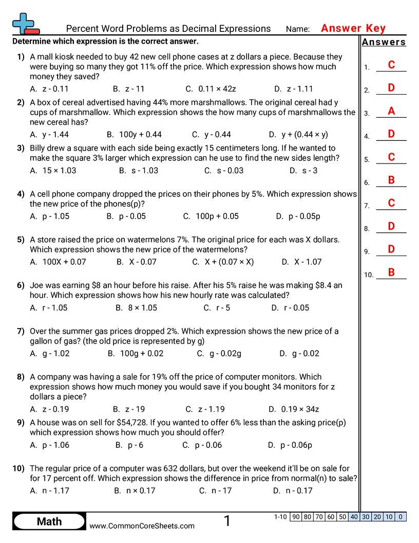 Algebra Worksheets - percent-word-problems-as-decimal-expressions worksheet
