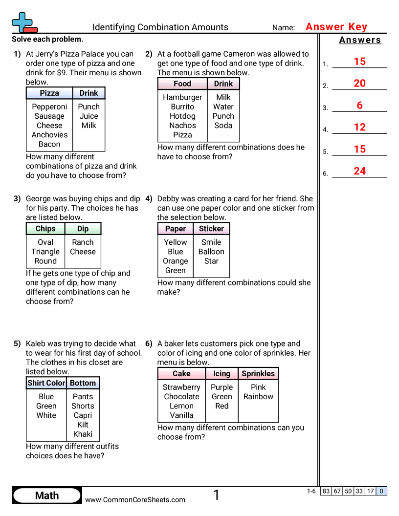 Probability Worksheets - identifying-combination-amounts worksheet