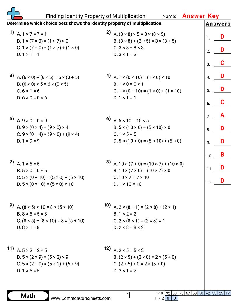 3oa5 Worksheets - identity-property-multiple-choice worksheet