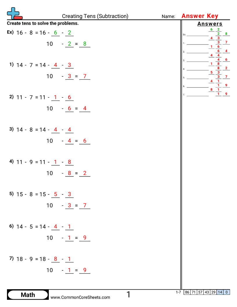 Subtraction Worksheets - creating-tens worksheet