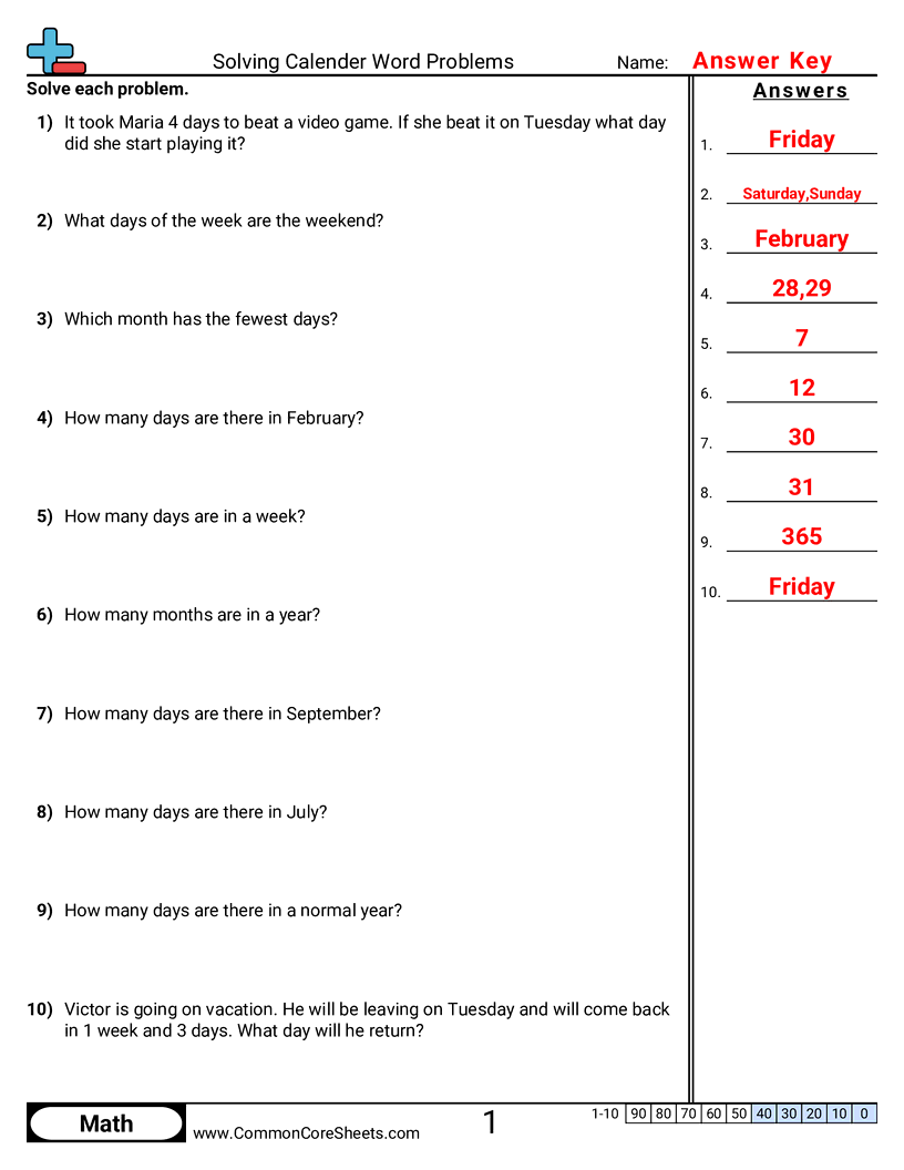 Time Worksheets - solving-calender-word-problems worksheet